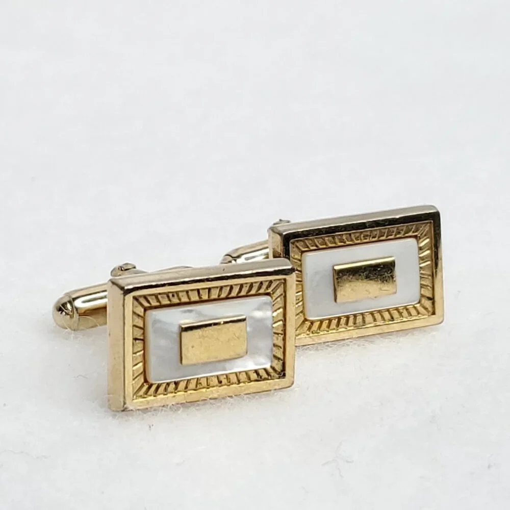 Vintage Anson Cufflinks Gold Tone White Mother Of Pearl Rectangle